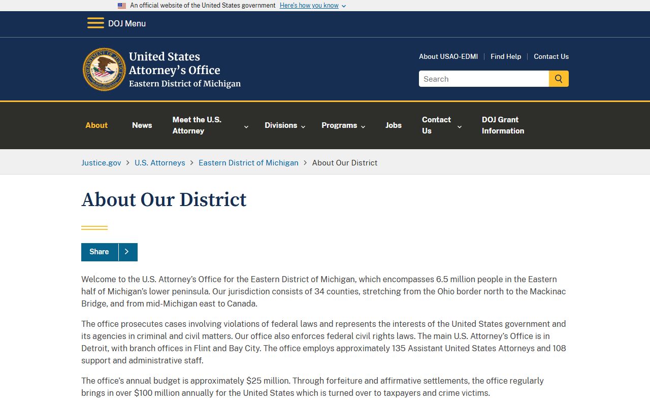 U.S. Attorney Eastern District of Michigan page relevant to federal charges affecting Saginaw County arrest records