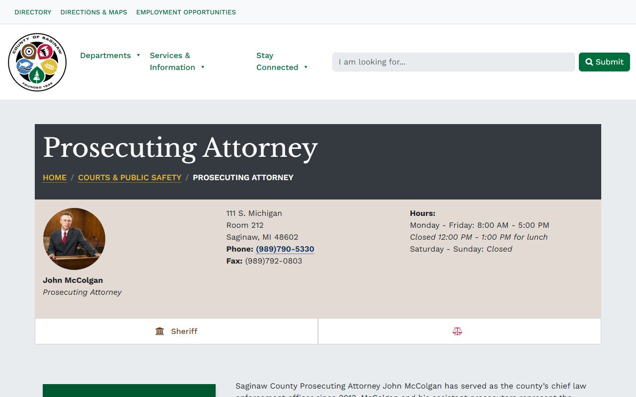 Saginaw County Prosecuting Attorney office page explaining arrest and charge decisions