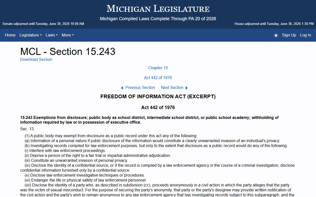 Michigan FOIA exemptions statute page limiting access to some Saginaw County arrest and charge records