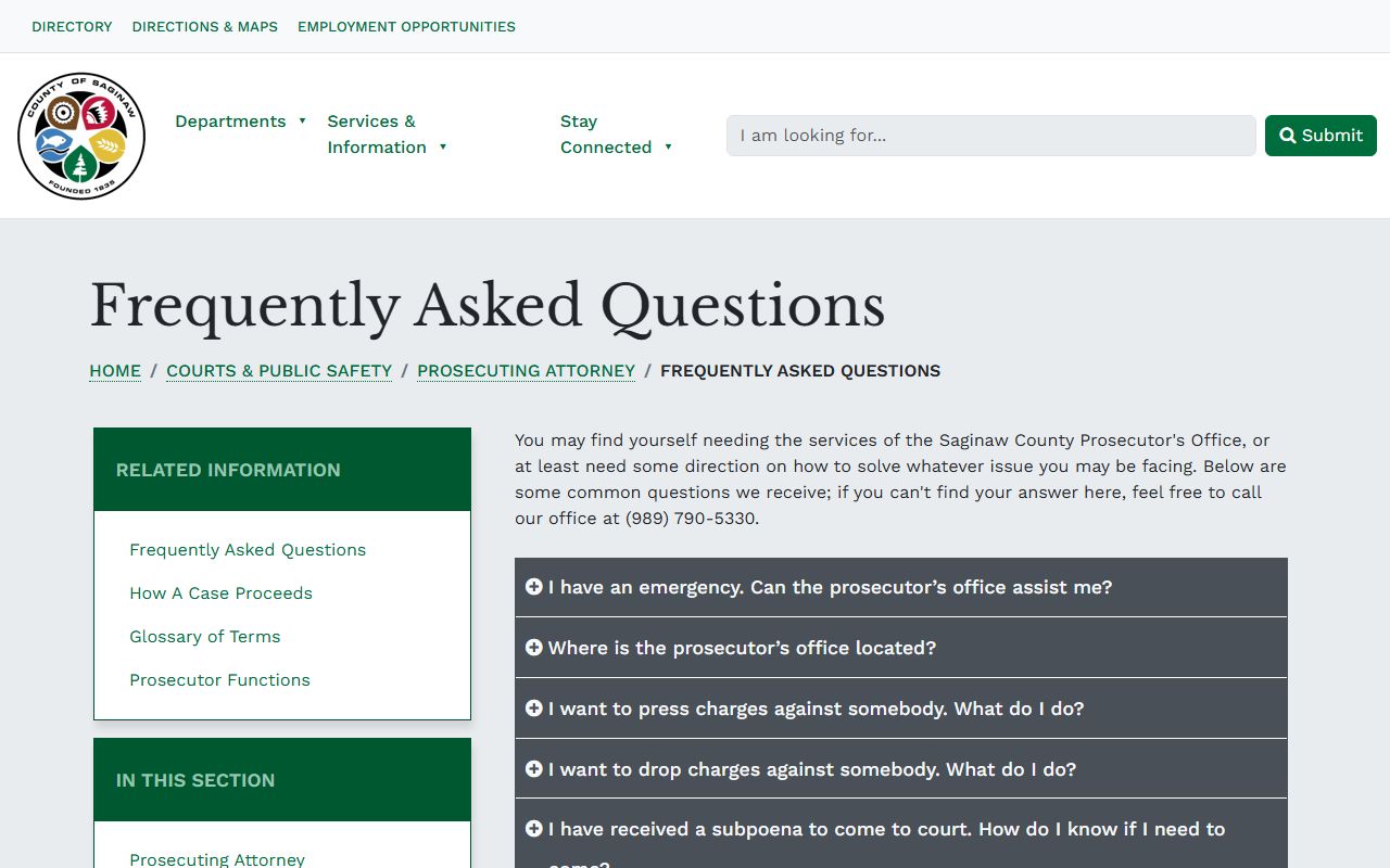 Saginaw County Prosecuting Attorney FAQ page covering how charges are filed and dropped after an arrest