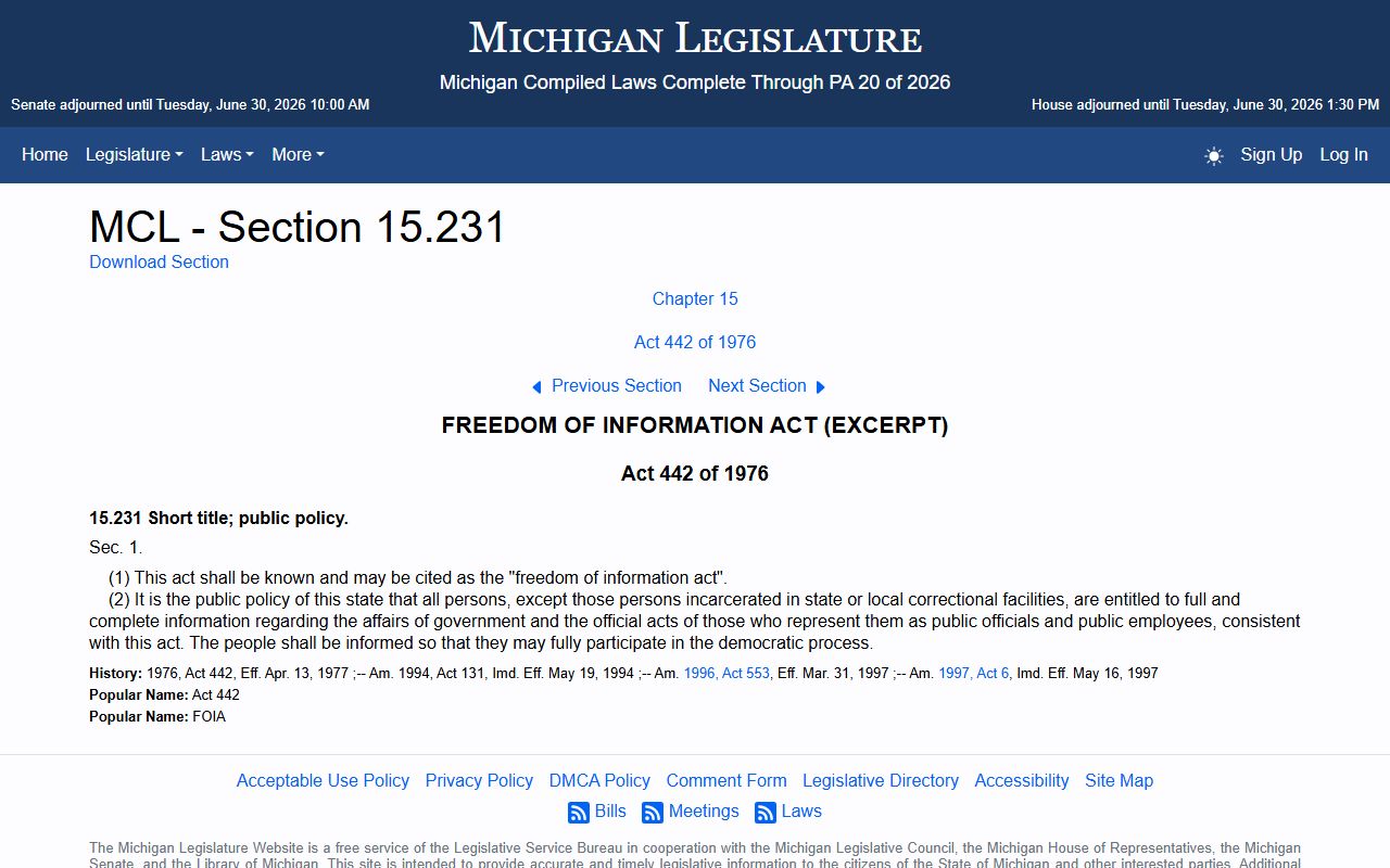 Michigan FOIA public policy statute page relevant to Saginaw County arrest and charge records access