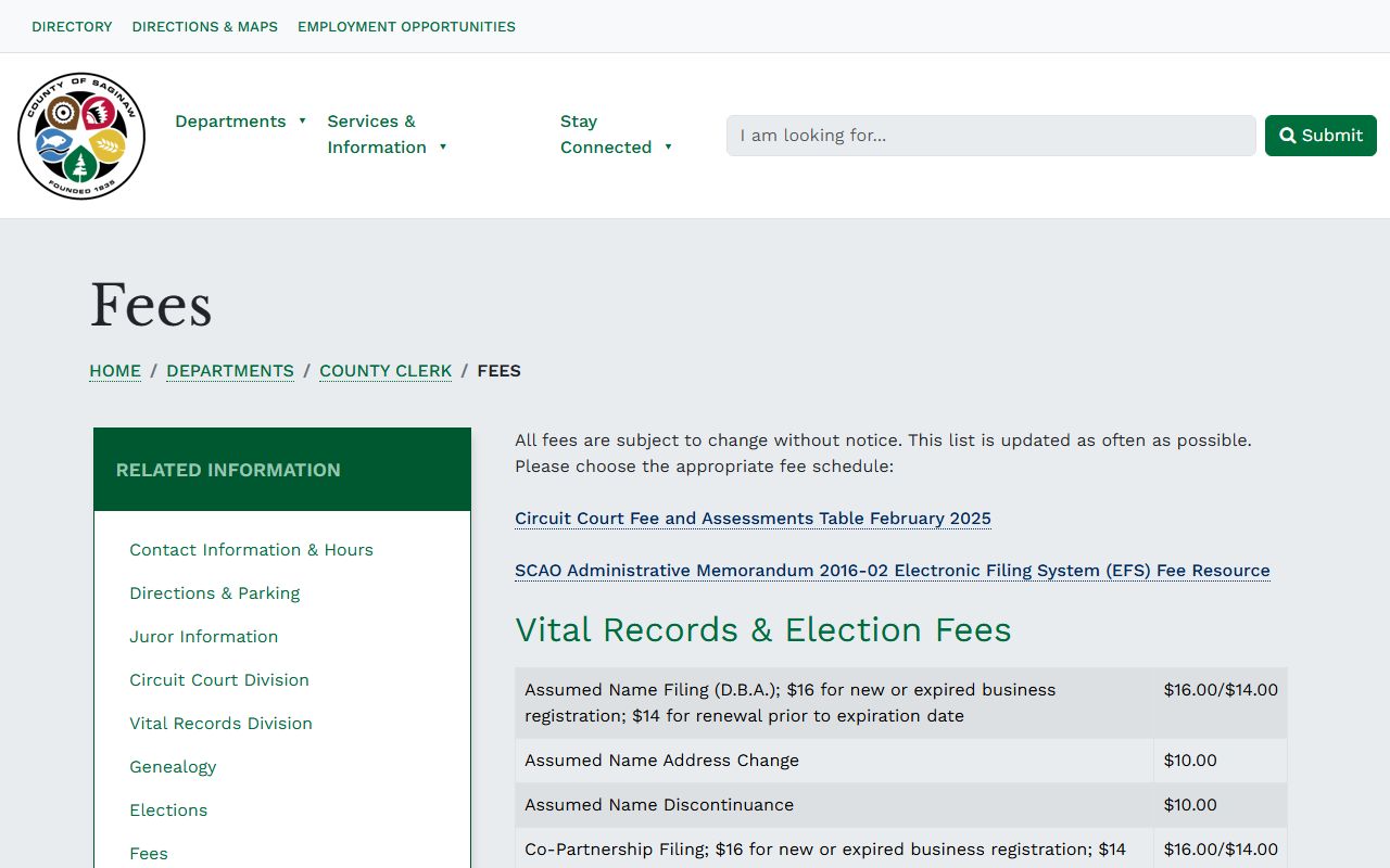 Saginaw County Clerk fee schedule for court and vital records