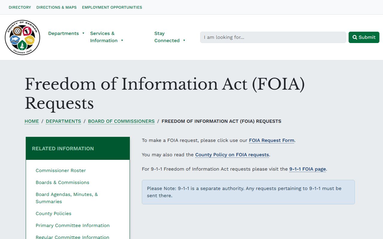 Saginaw County FOIA request page for public records