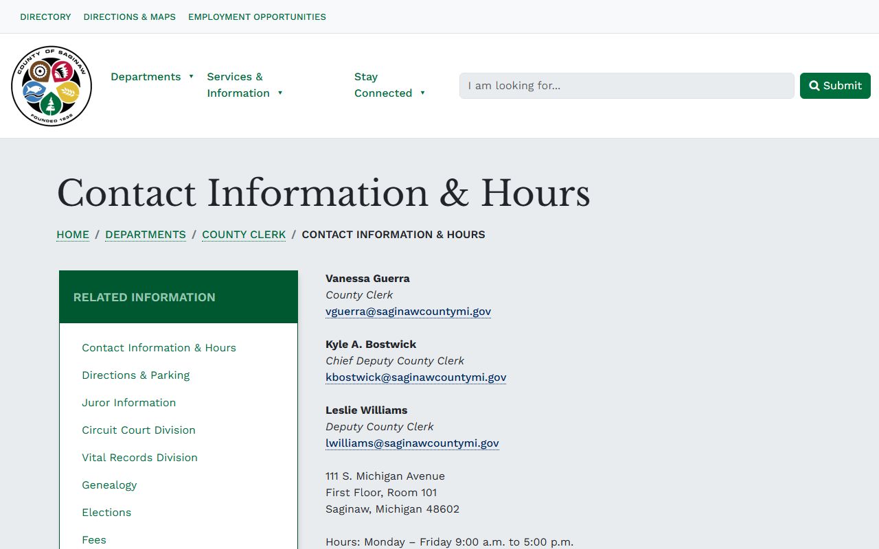 Saginaw County Clerk contact information and hours records page