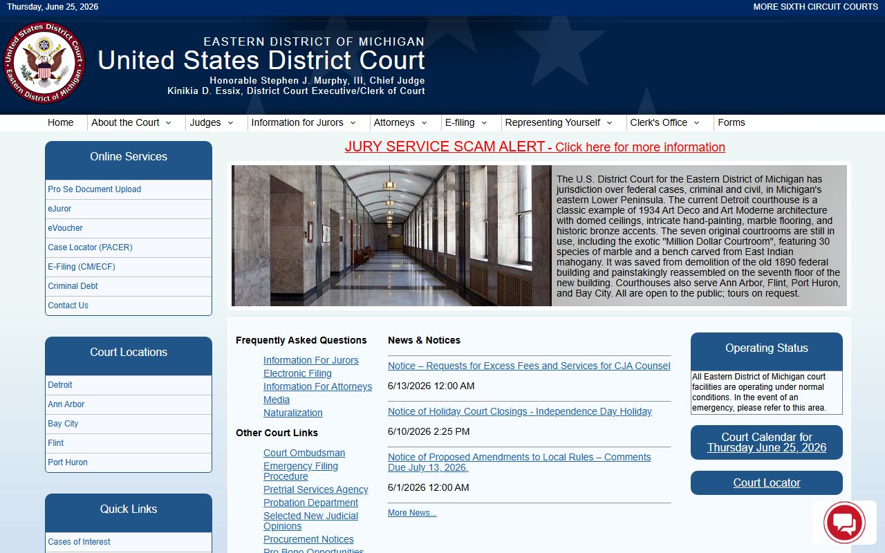 U.S. District Court Eastern District of Michigan site serving Saginaw County federal dockets