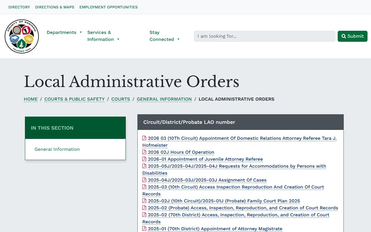 Saginaw County local administrative orders page governing court docket access