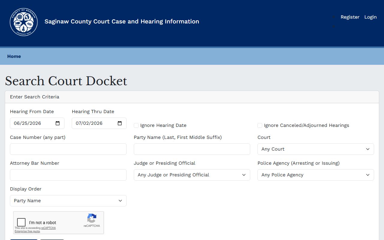 Saginaw County court docket search form on the county Odyssey portal
