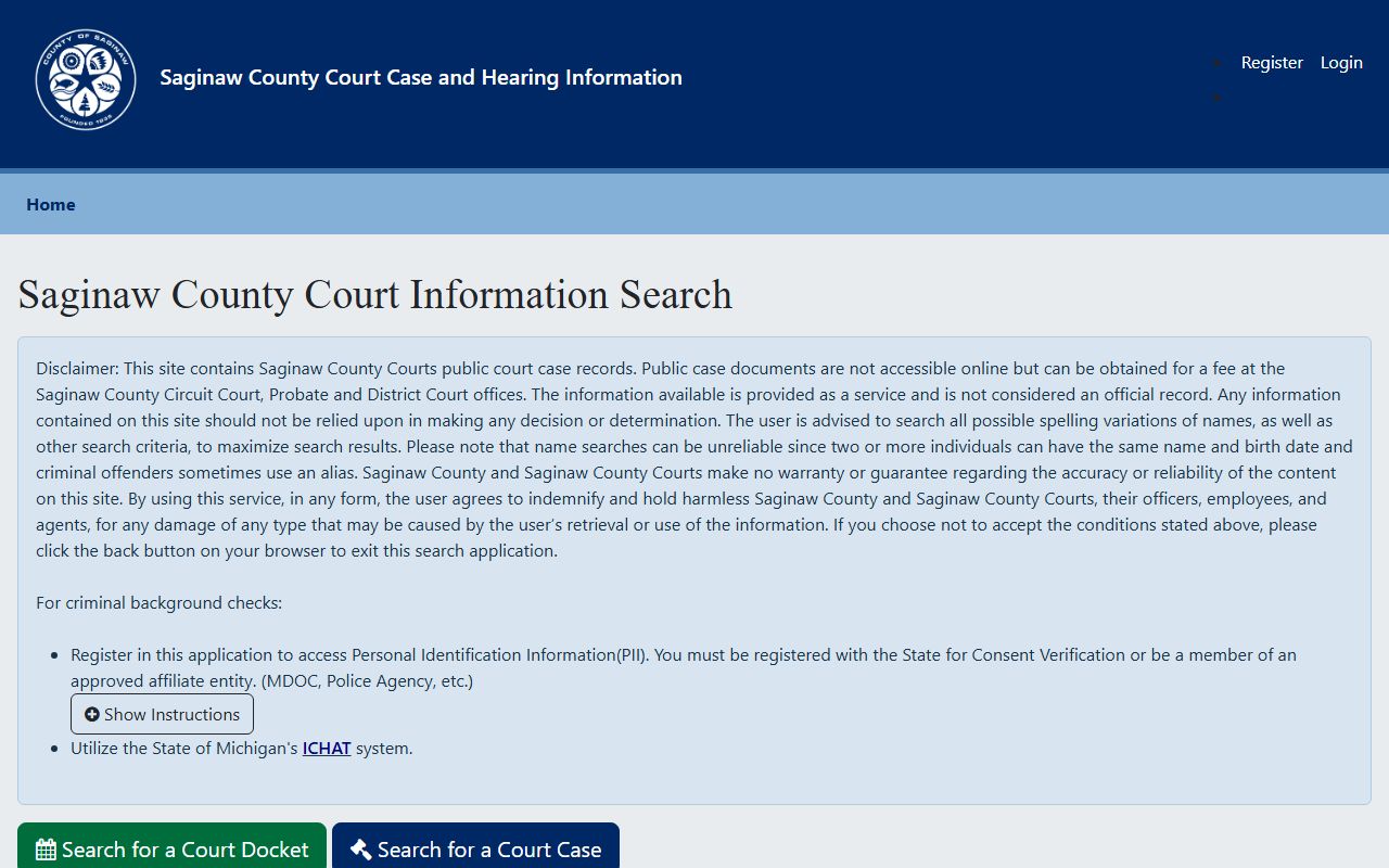 Saginaw County court records search portal home page
