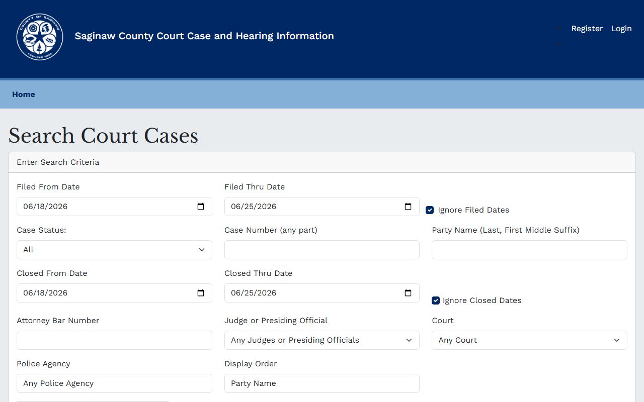 Saginaw County court records case search form fields