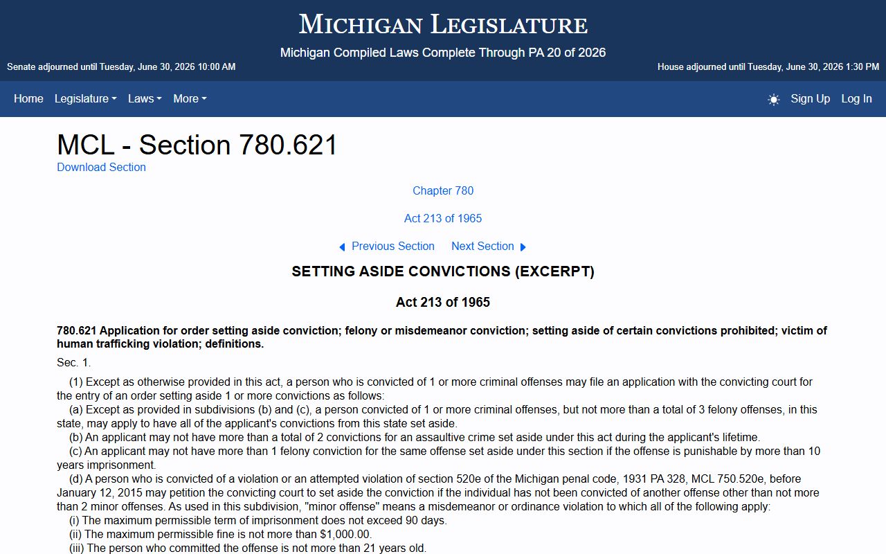 Michigan set-aside statute for Saginaw County criminal records