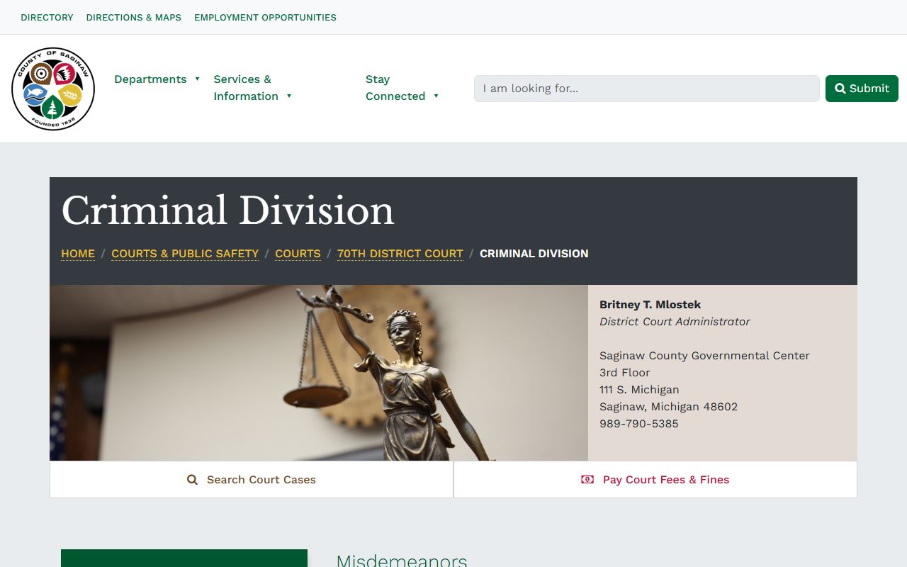 Saginaw County criminal court records at the 70th District Court Criminal Division