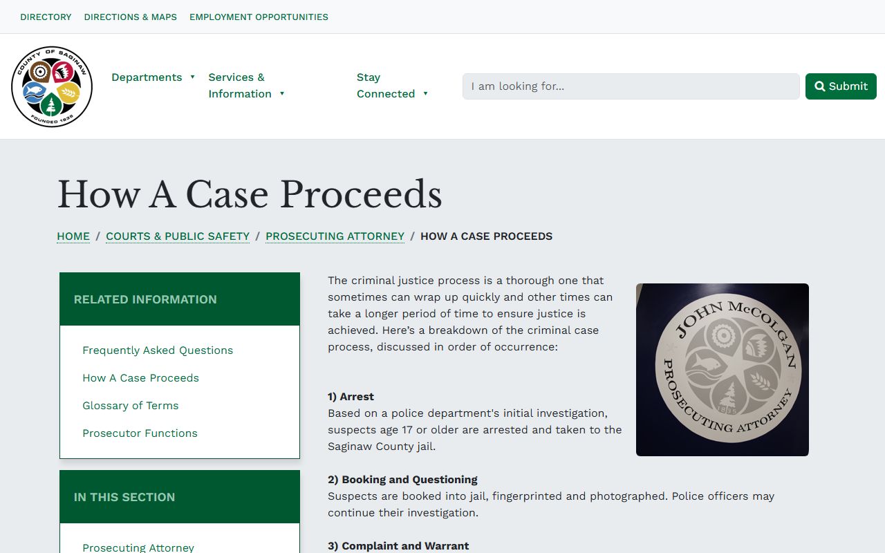 Saginaw County criminal case process from complaint to sentencing