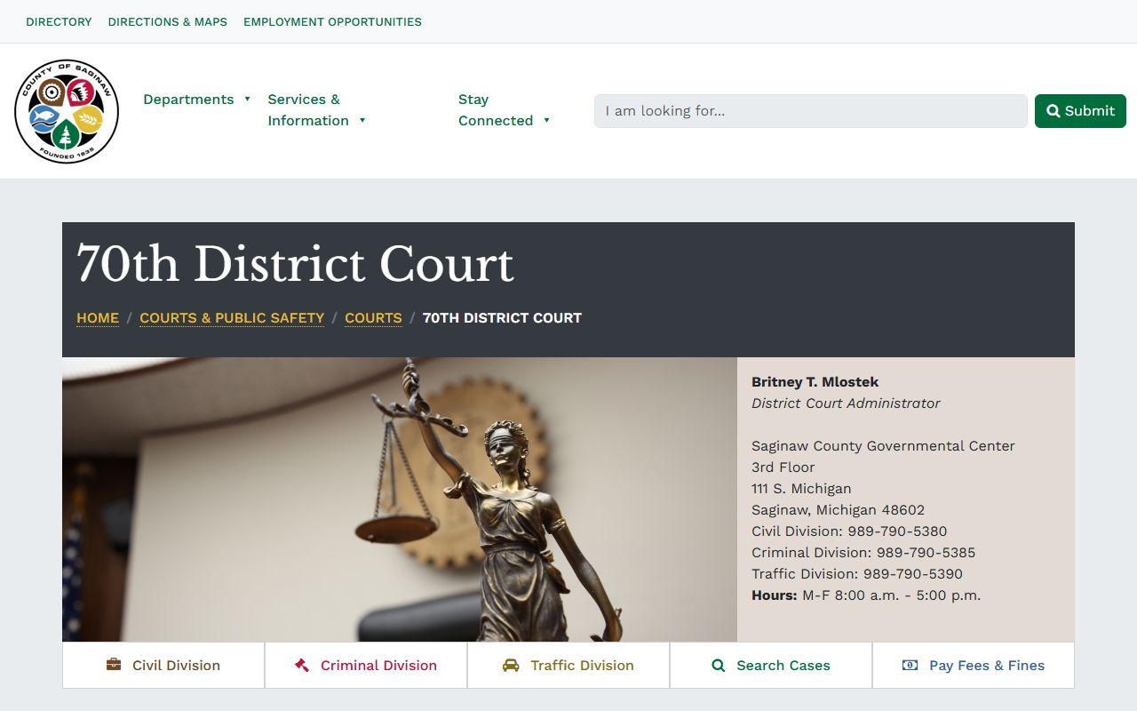 Saginaw County 70th District Court page within the trial court system