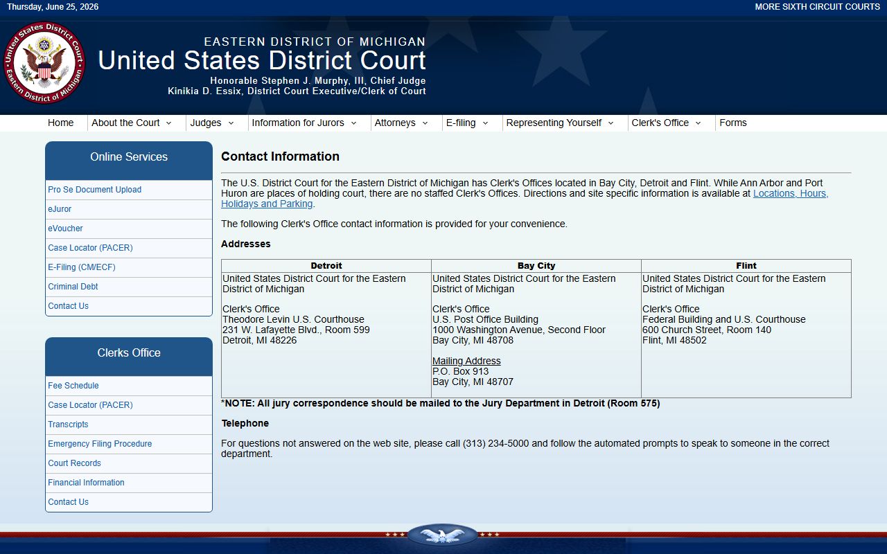 Saginaw County federal court contact information for the Eastern District of Michigan