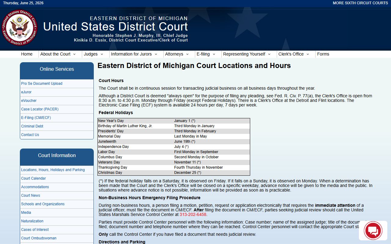 Saginaw County federal court locations for the Eastern District of Michigan
