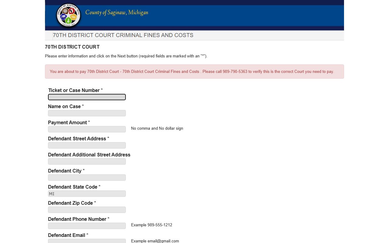 Saginaw County 70th District Court online traffic and civil payment portal