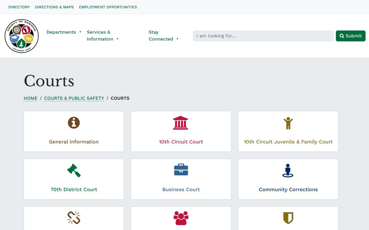 Saginaw County courts landing page listing court record divisions