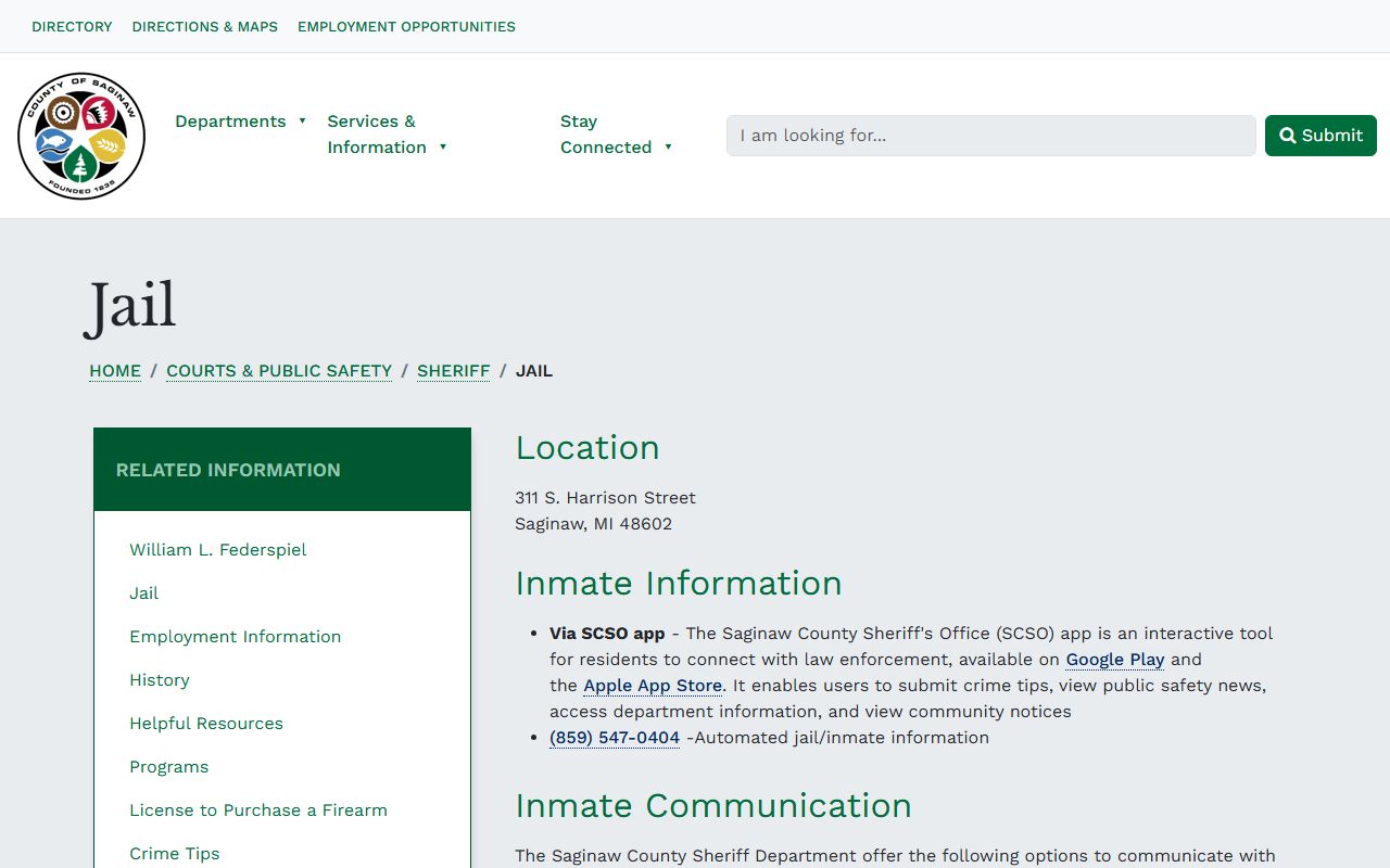 Saginaw County jail inmate information page