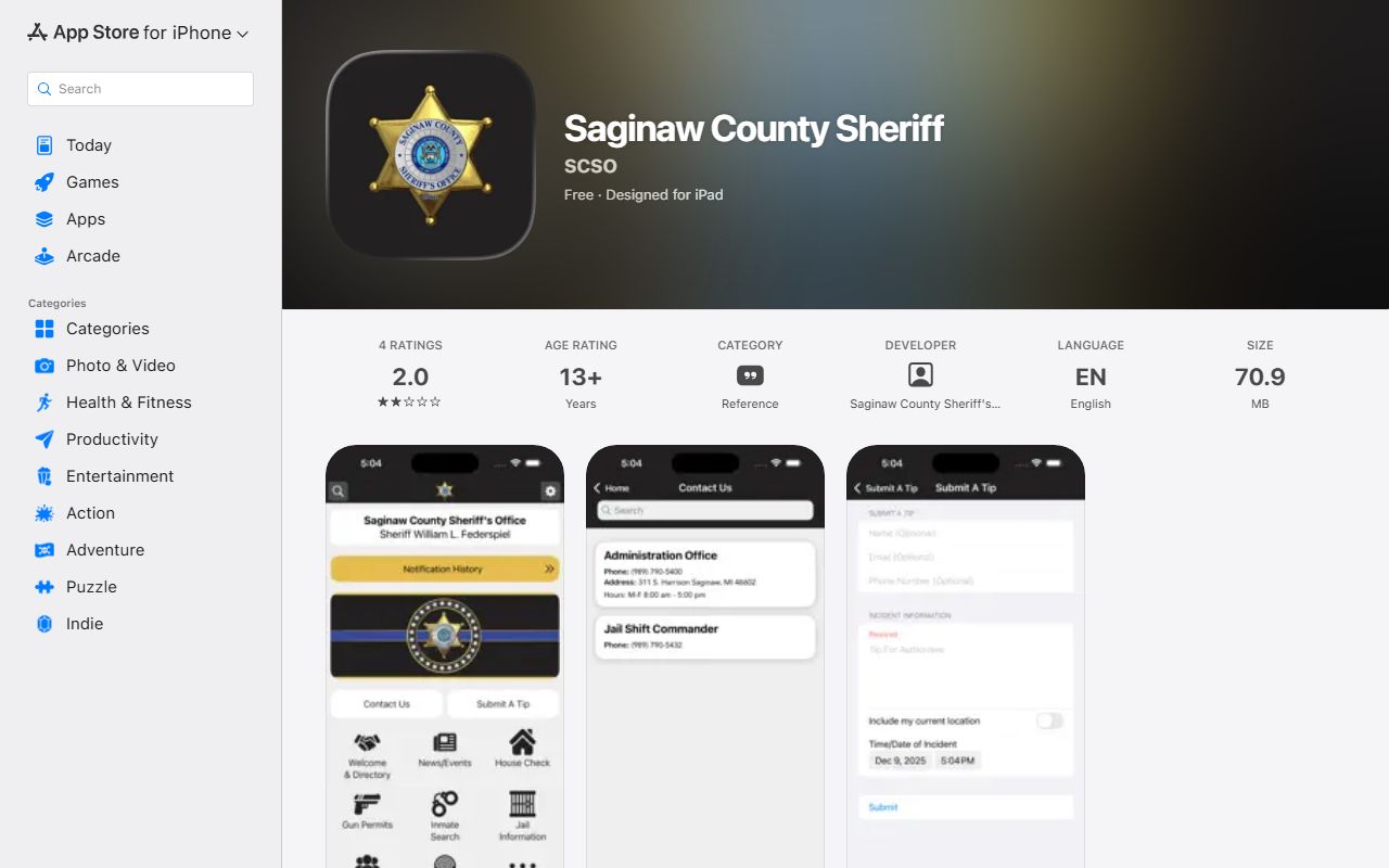 Saginaw County inmate app listing in the Apple App Store