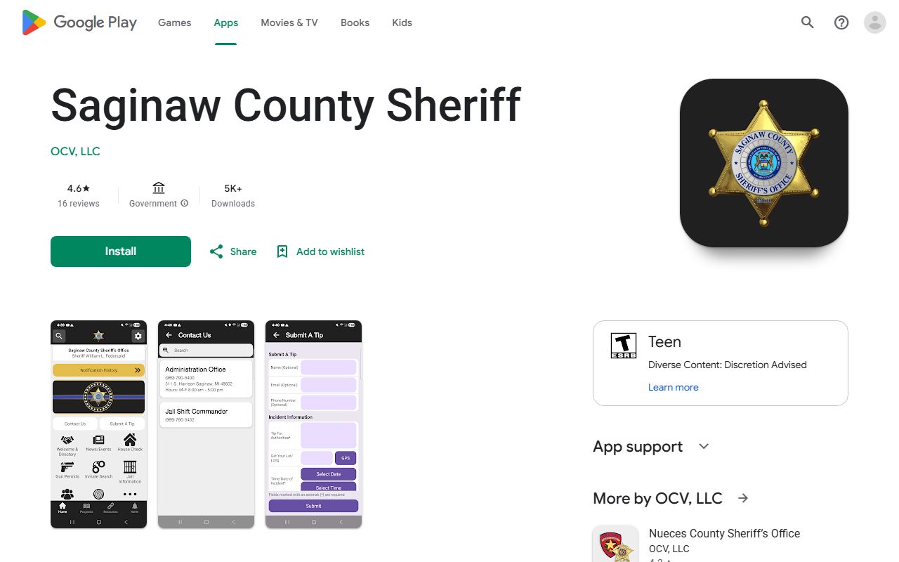 Saginaw County inmate app listing on Google Play