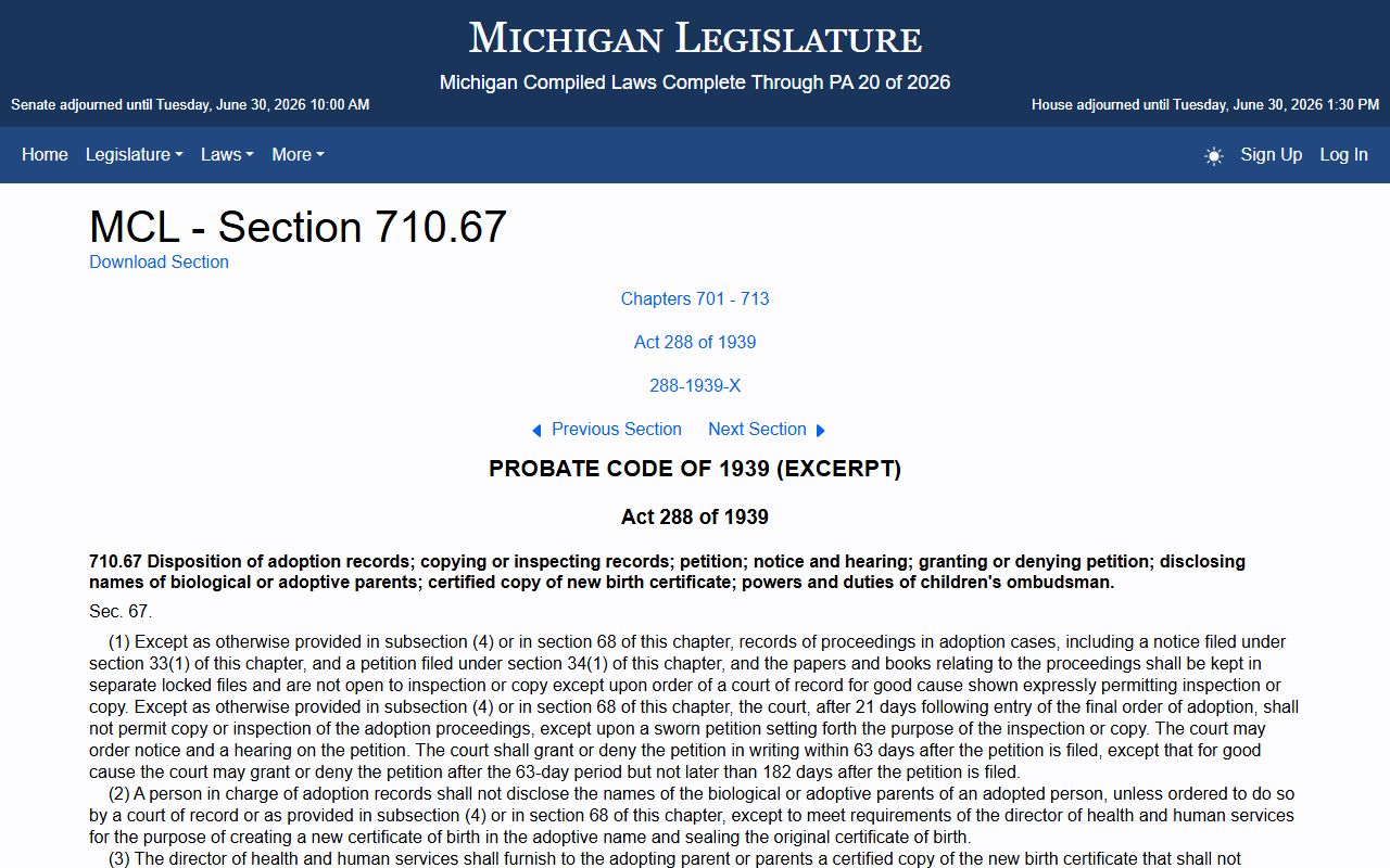 Saginaw County divorce and adoption record confidentiality statute MCL 710.67