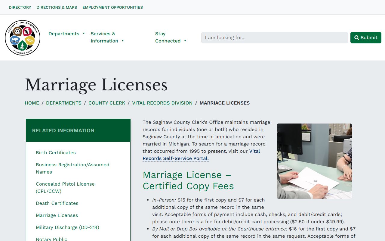 Saginaw County marriage license and vital records page