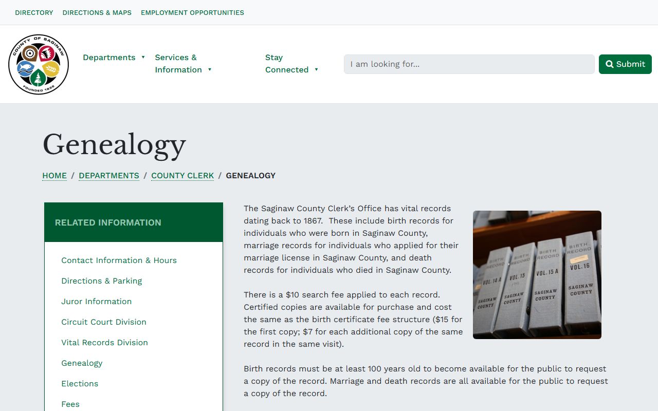 Saginaw County genealogy marriage and historical vital records page