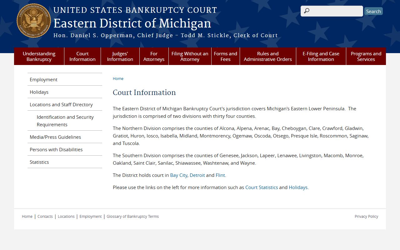 Bankruptcy court jurisdiction page naming Saginaw County in the Northern Division
