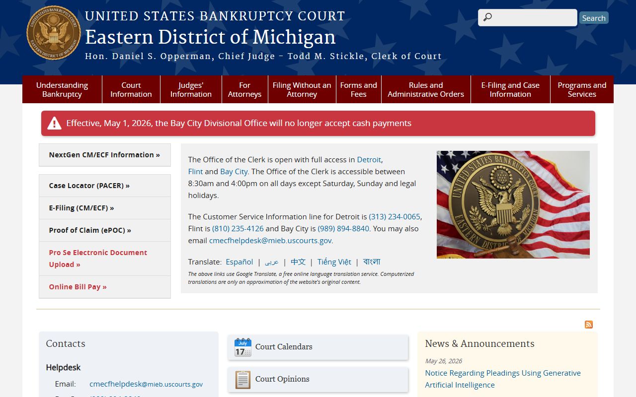 U.S. Bankruptcy Court page serving Saginaw County probate-adjacent bankruptcy matters