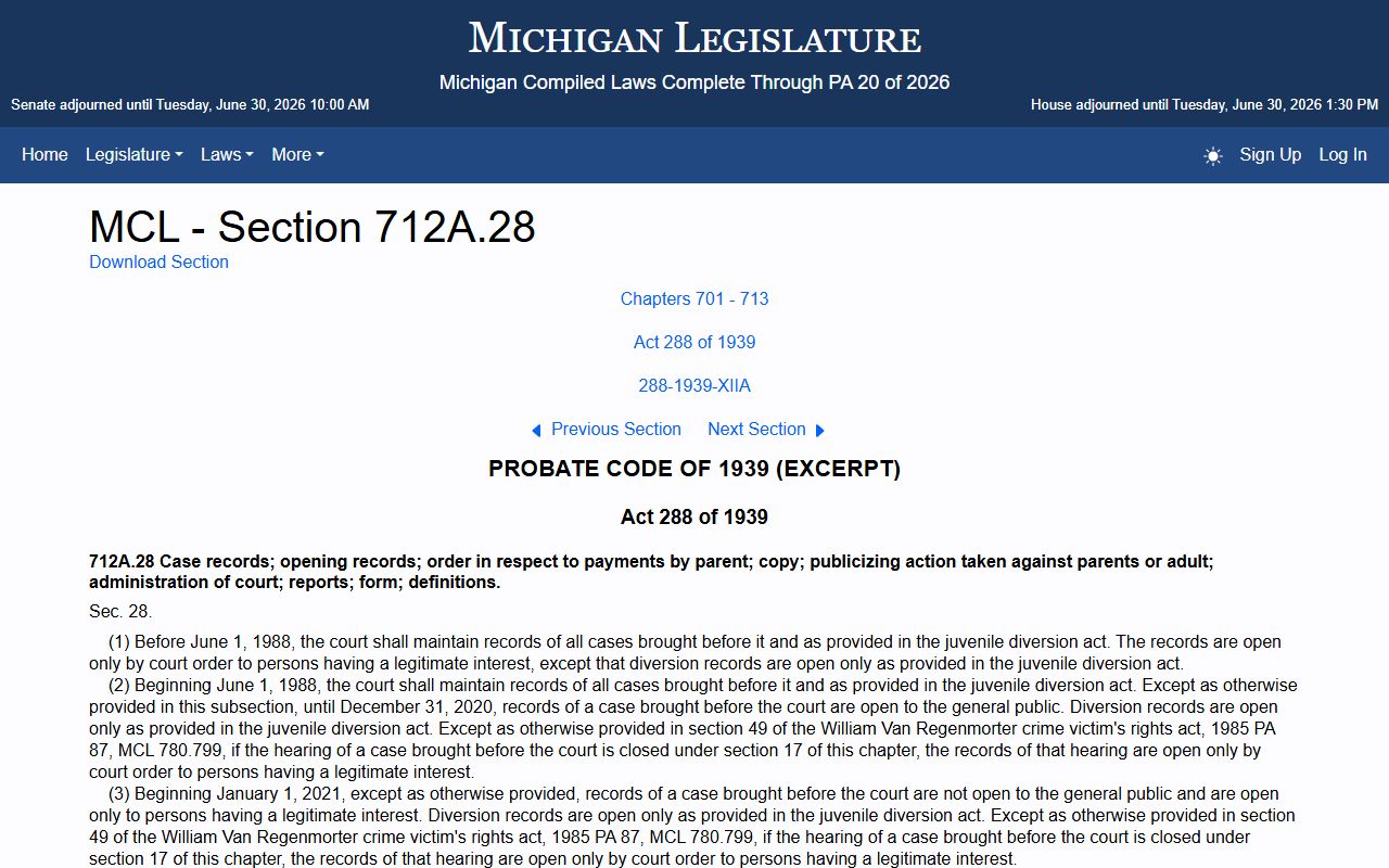 Michigan statute governing confidential Saginaw County juvenile and probate-related records