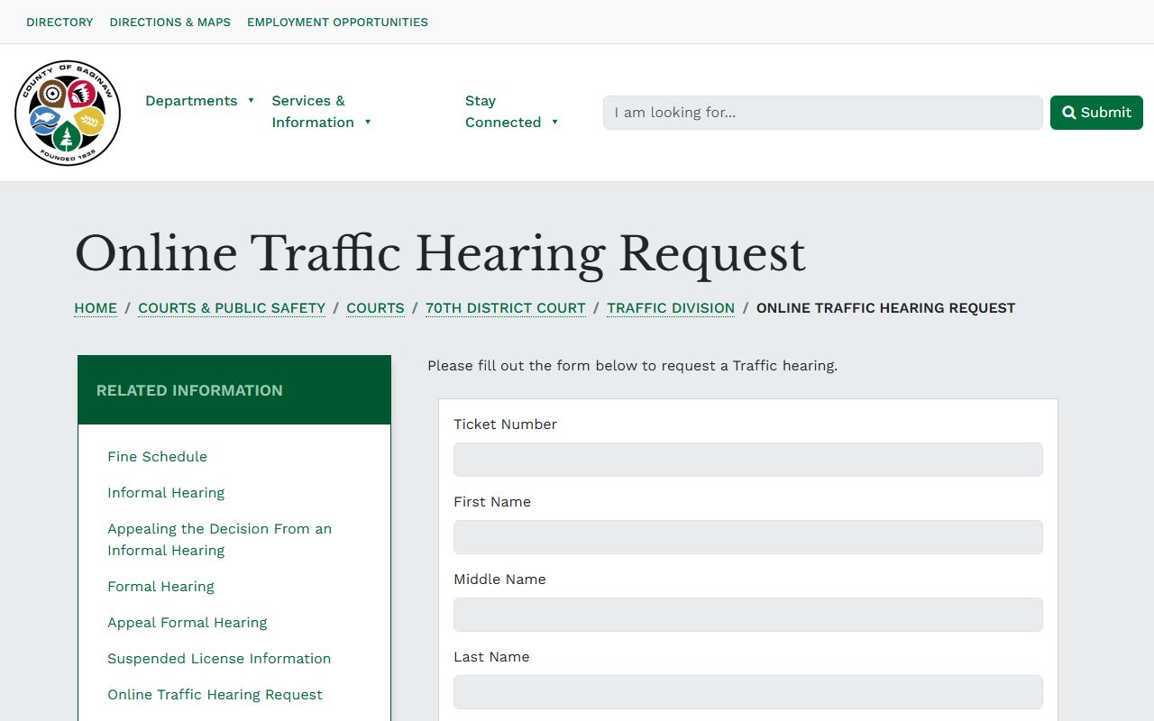Saginaw County traffic court records online hearing request page