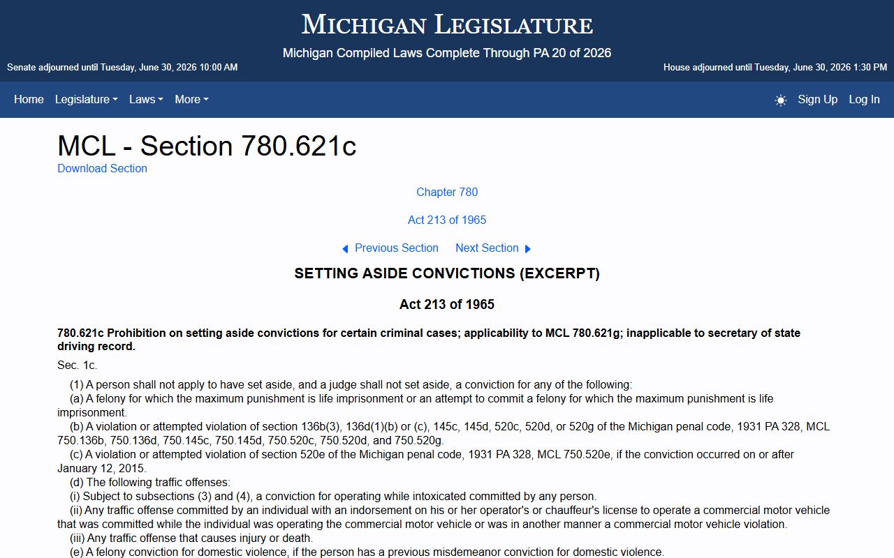 Saginaw County traffic court records set-aside statute MCL 780.621c