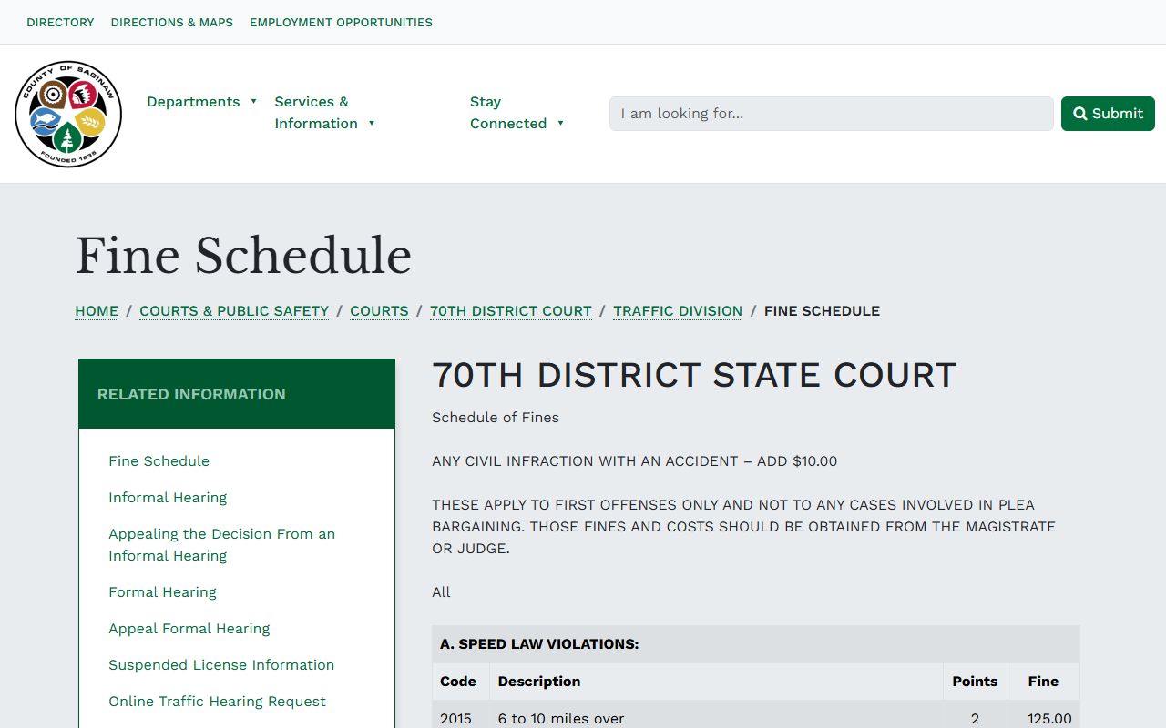 Saginaw County traffic court records fine schedule page
