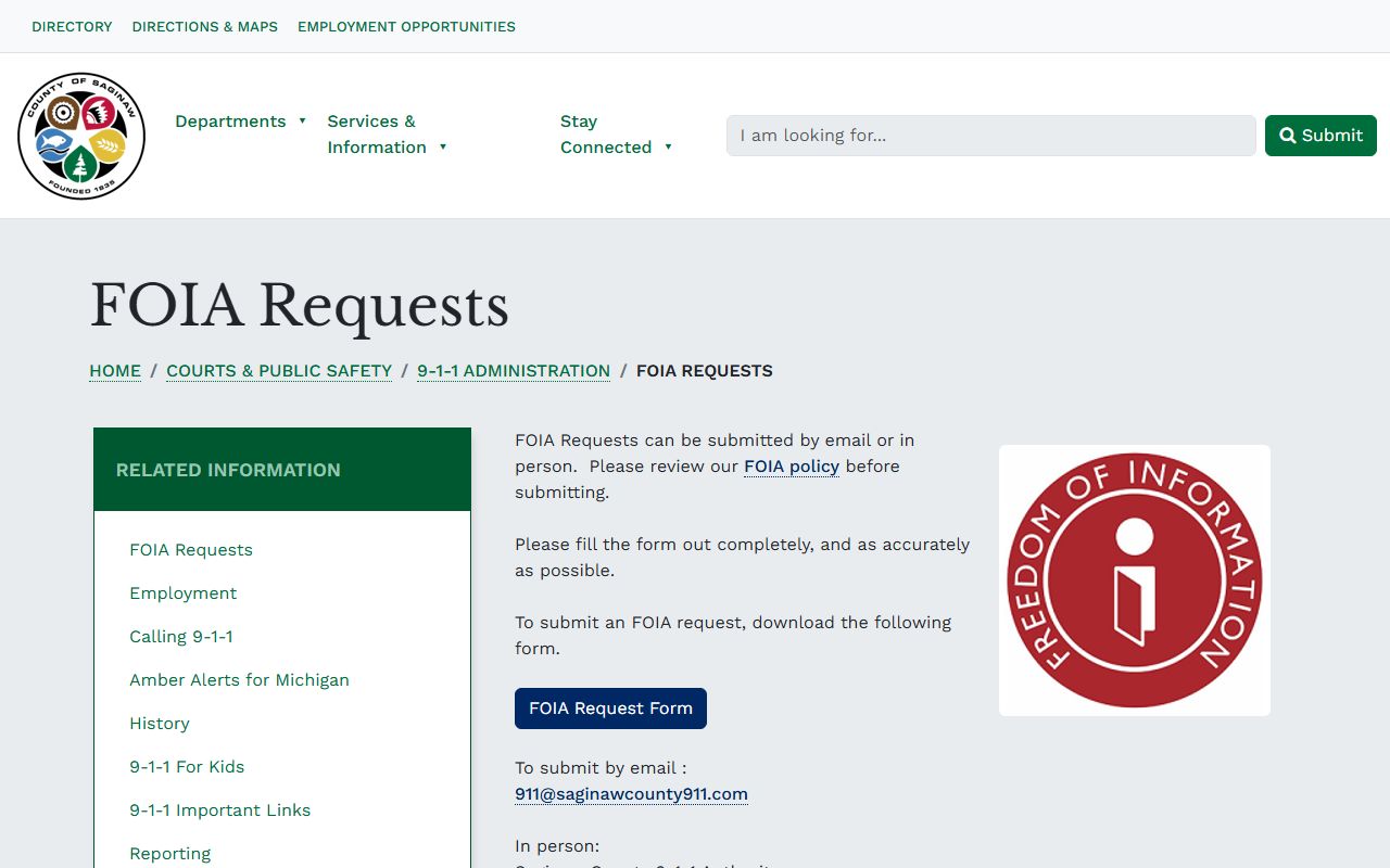 Saginaw County 9-1-1 FOIA request page for warrant-related records